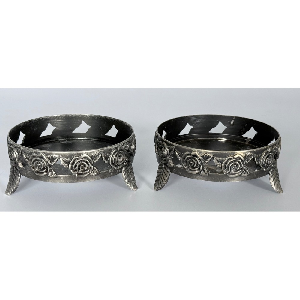 2 Silver Tone Metal Rose Candle Ring Base Holder Stand Holds 4"‎ Wide Candle